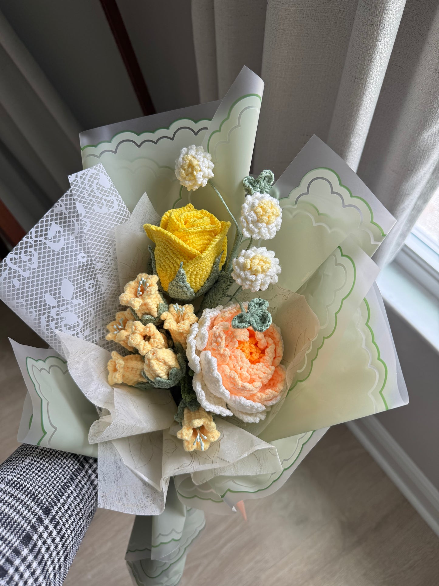 Buttercream Meadow Bouquet – Crochet Yellow Rose, Peony & Soft White Florals
