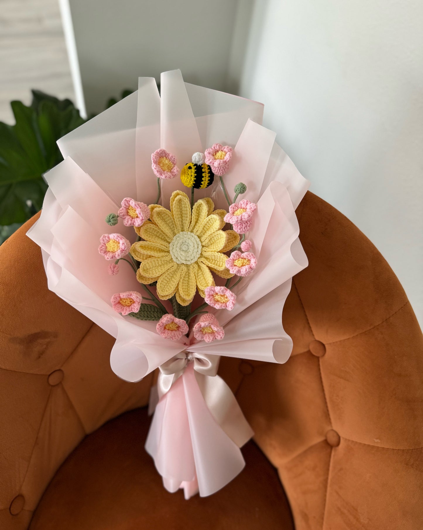Sunlit Meadow Cheer – Yellow Gerbera with Pink Lily of the Valley & Bumblebee Crochet Bouquet