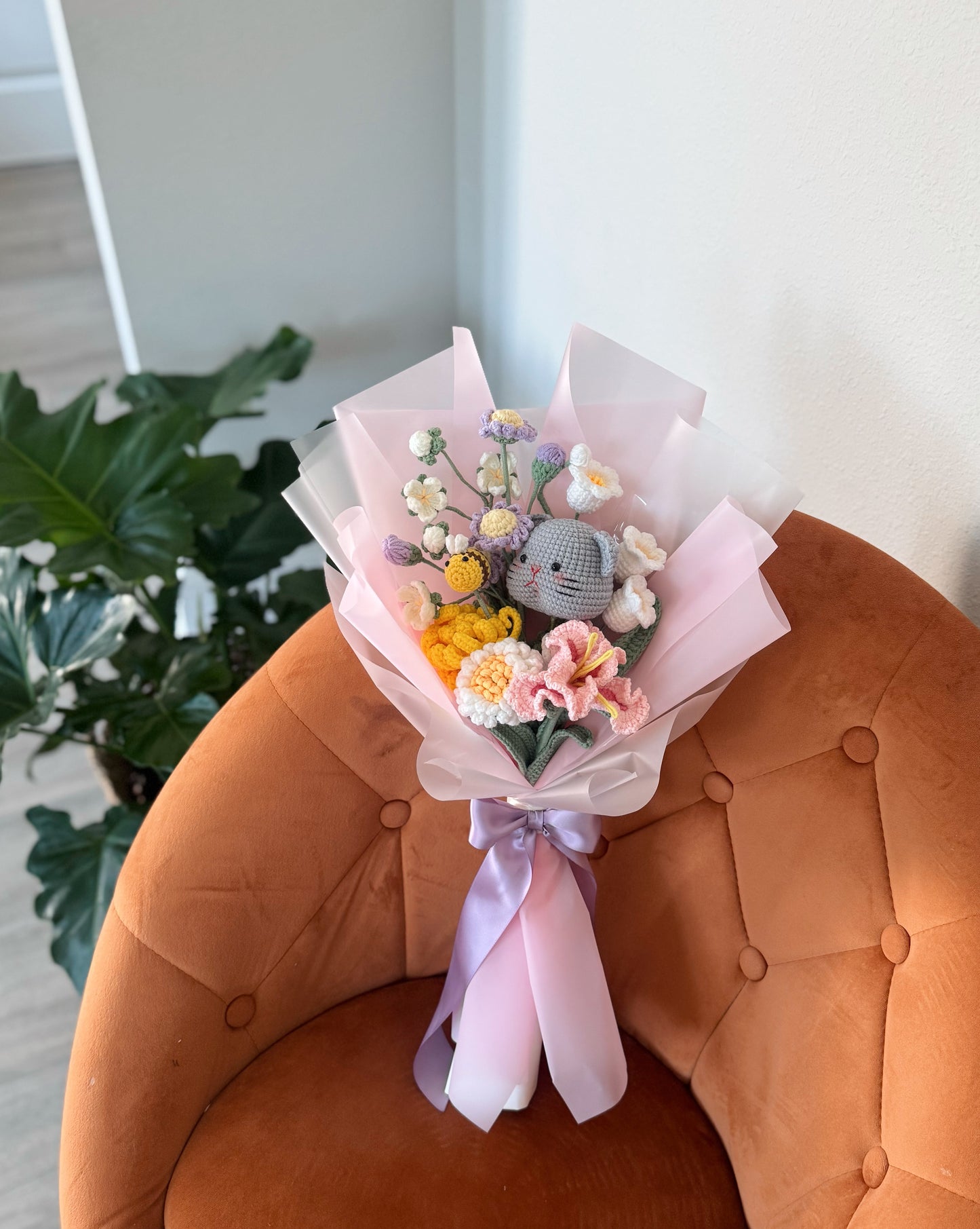 Handmade Crochet Spring Bouquet with Kitty & Honeybee