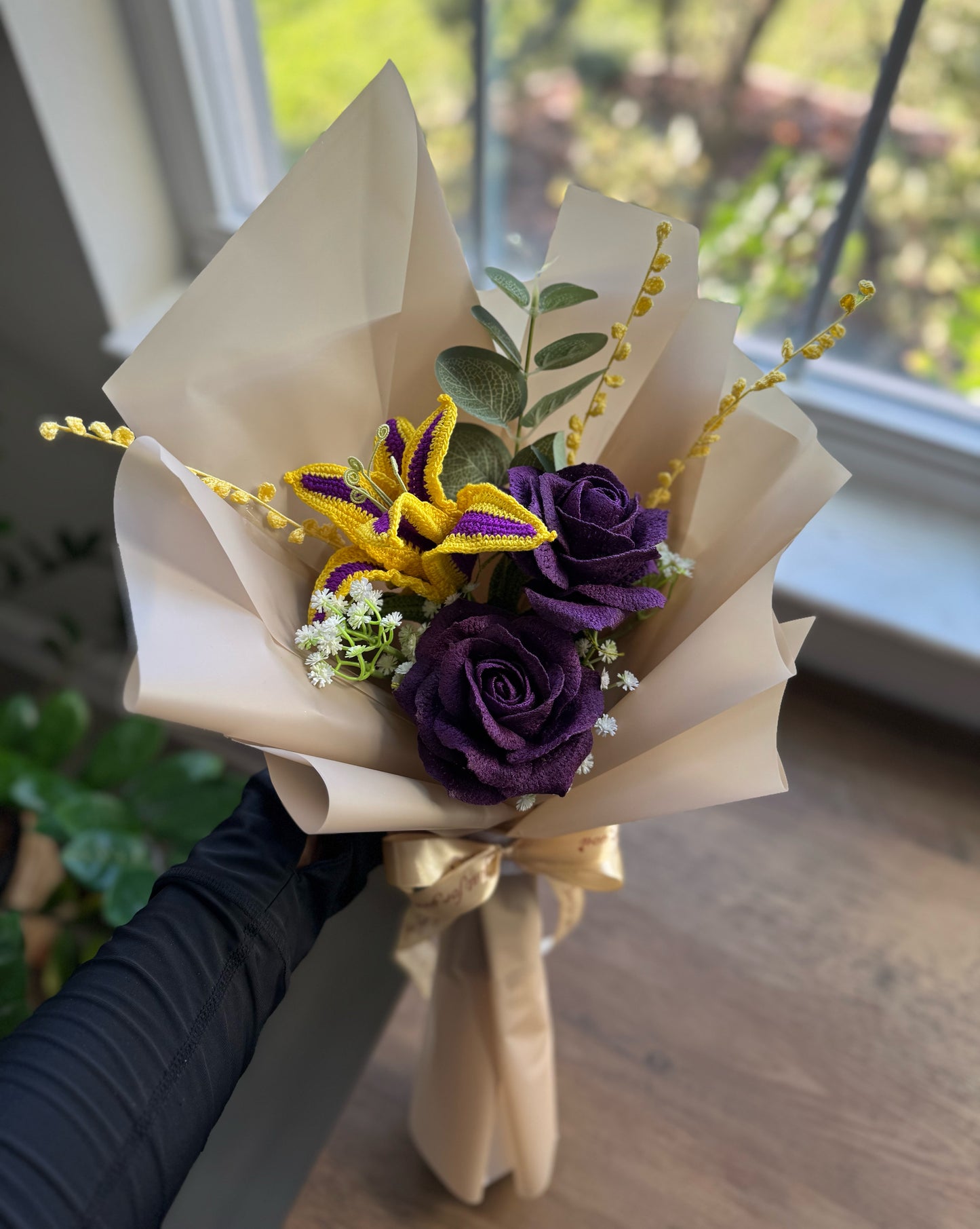 Sundrop Reverie Bouquet – Rapunzel-Inspired Glow with Purple Roses & Golden Lavender