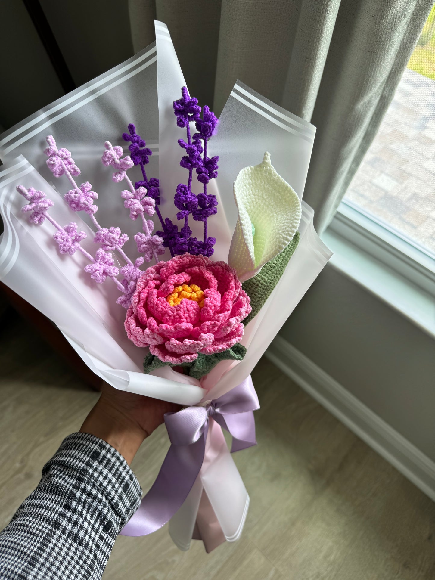 Enchanted Peony Crochet Bouquet – Pink Peony, Lavender Mix & Elegant White Calla Lily