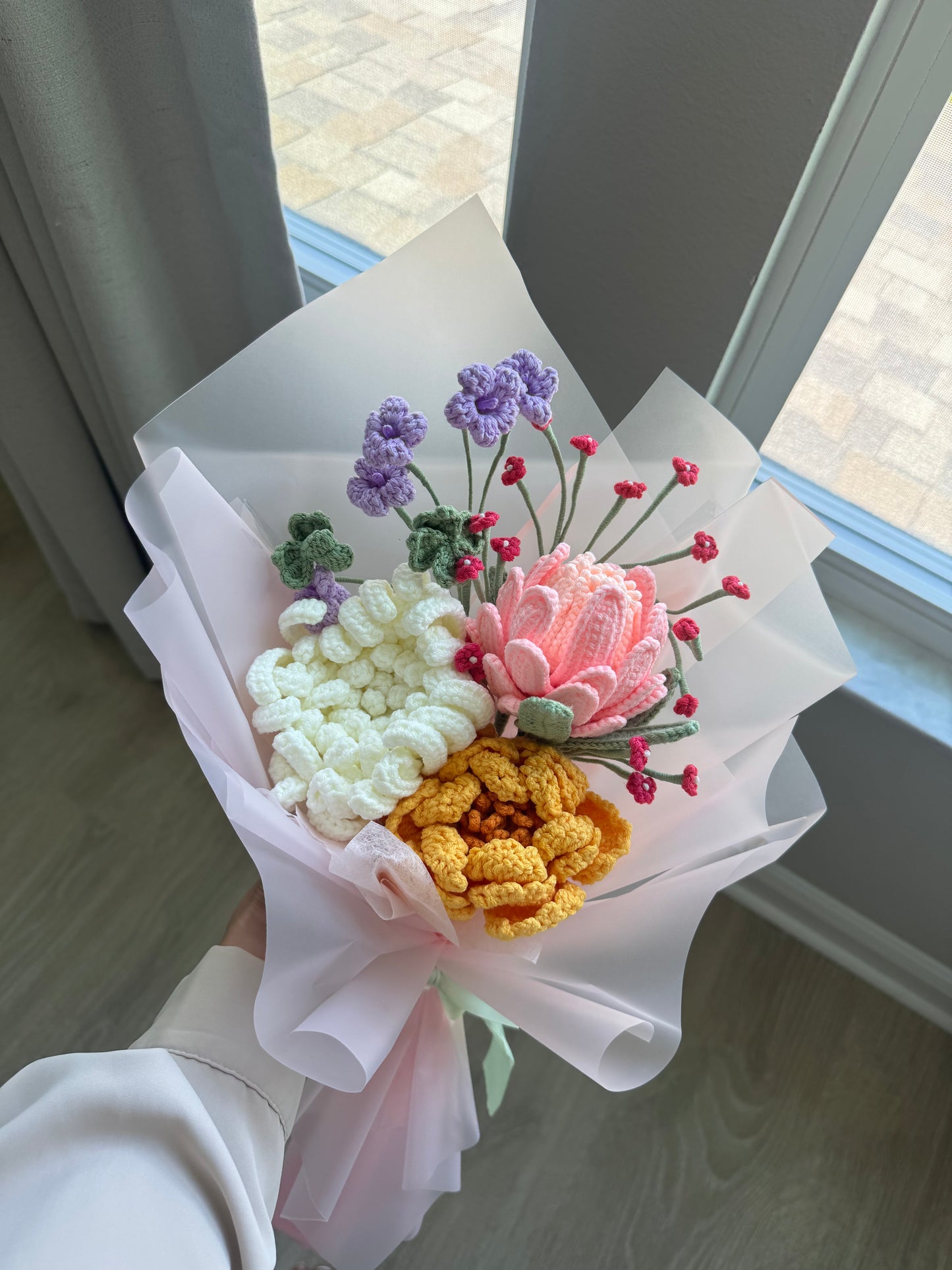 Royal Garden Crochet Bouquet – Pink Protea, Chrysanthemum, Peony & Soft Floral Mix