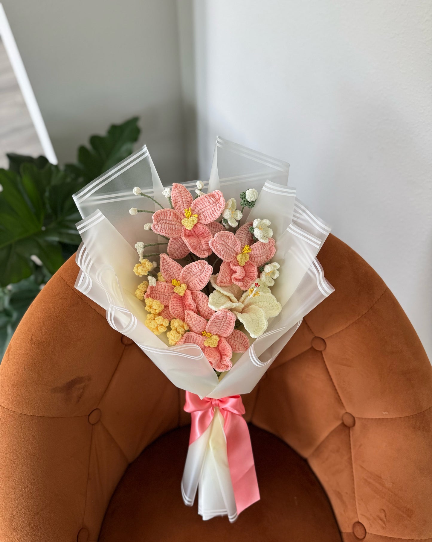 Blush Serenity Bloom – Pink Orchids with White Hibiscus & Soft Meadow Baby’s Breath Bouquet