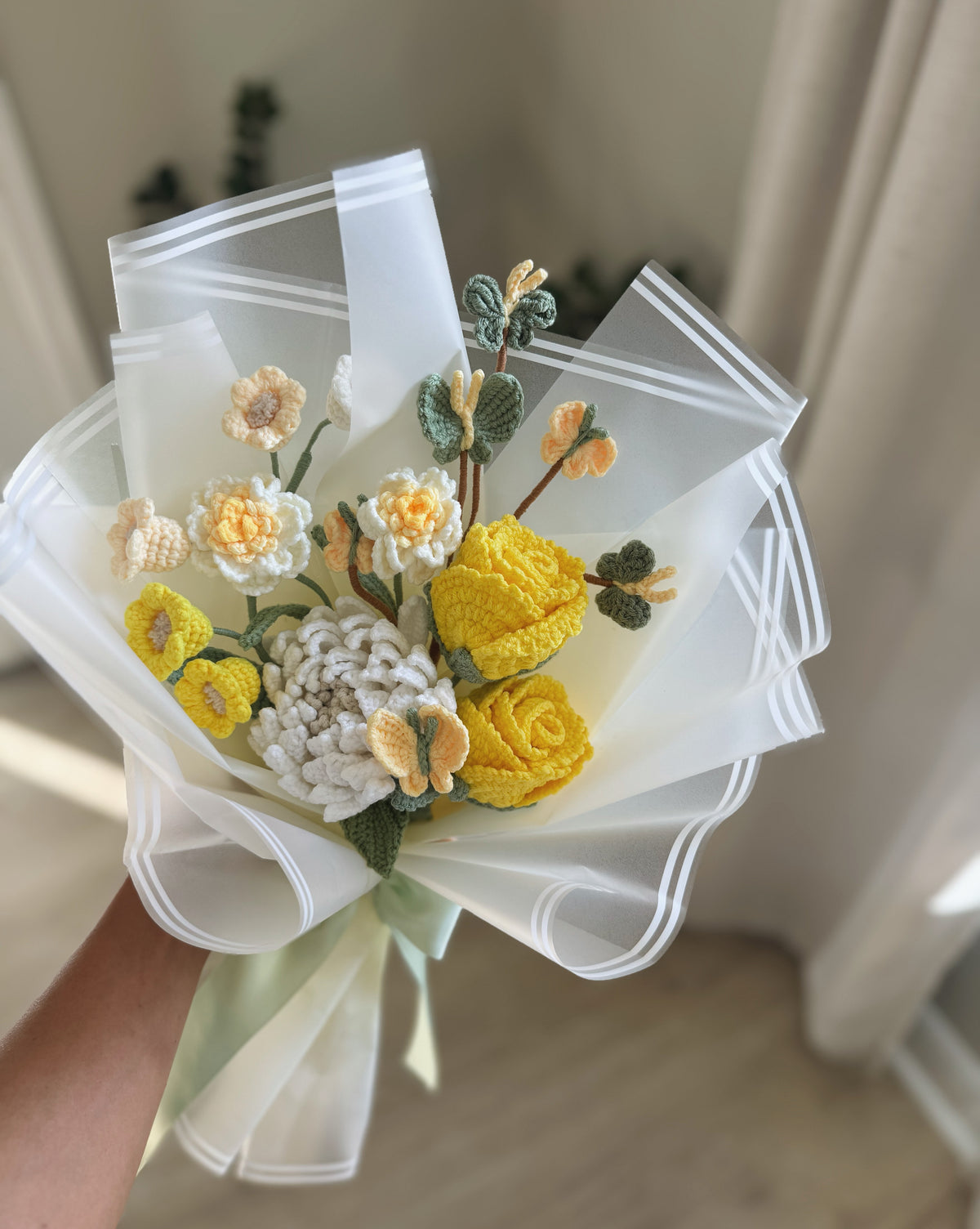 Golden Daydream – Handcrafted Crochet Yellow Roses, Dahlia, Mini Peonies & Butterfly Bouquet 💛�
