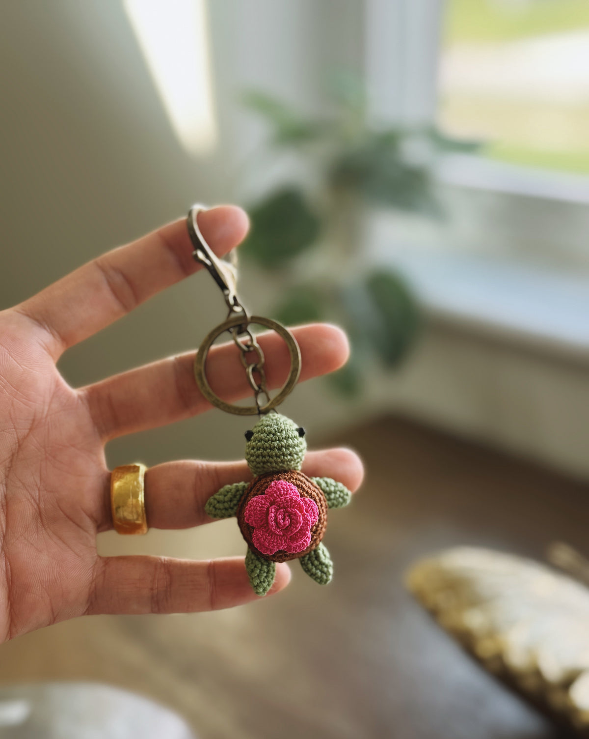 Pink Rose Shell Turtle Amigurumi Crochet Keychain