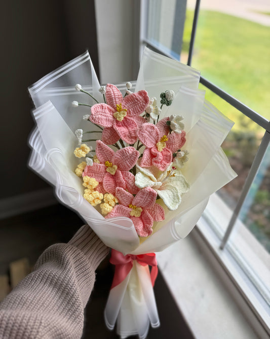 Blush Serenity Bloom – Pink Orchids with White Hibiscus & Soft Meadow Baby’s Breath Bouquet