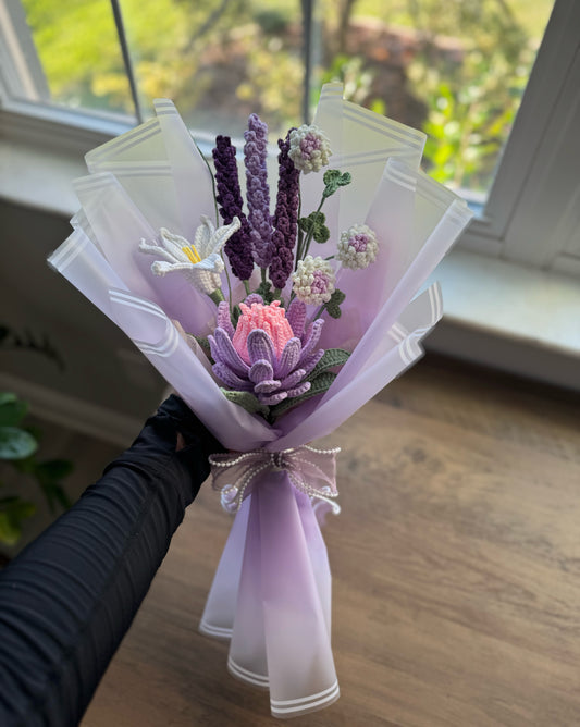 Velvet Moon Protea Bouquet – Lavender Mist & White Rain Blossom