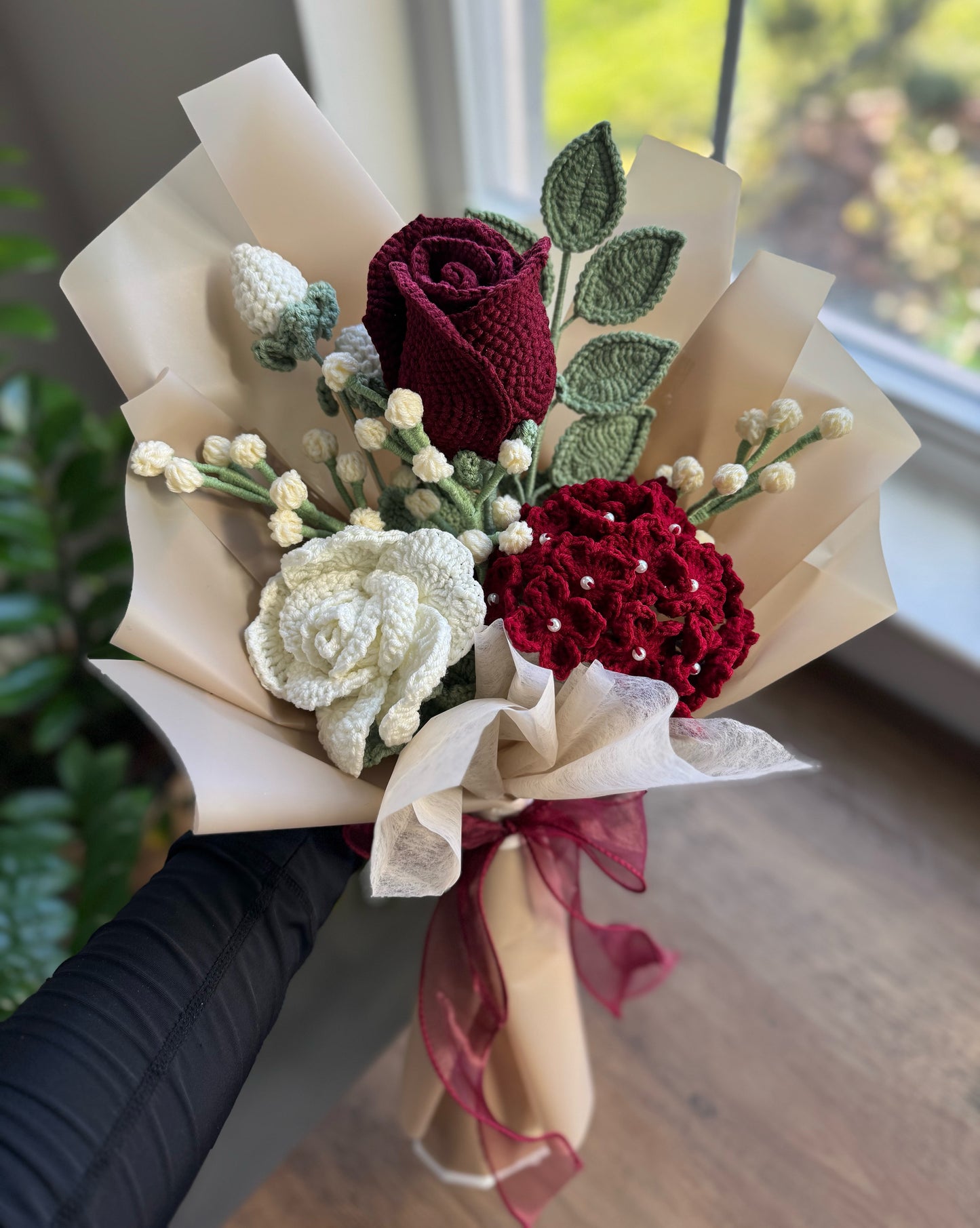 Crimson Velvet Harmony Bouquet – Wine Hydrangea, Ruby Rose & Ivory Bloom Grace