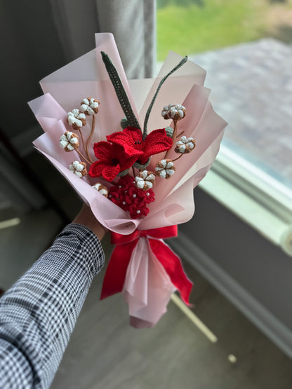 Crimson Cotton Meadow Crochet Bouquet ❤️🌿