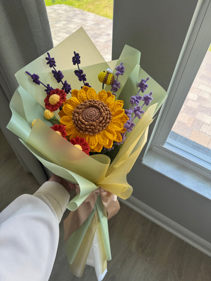 Sunshine Hive Crochet Bouquet – Sunflower, Bee, Lavender & Daisy Arrangement