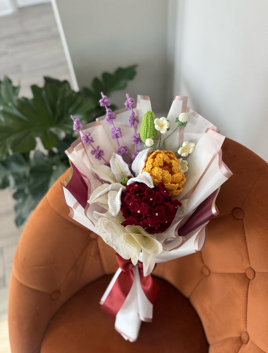 Crimson Garden Symphony – Red Hydrangea with Stargazer Lily, Golden Peony & Lavender
