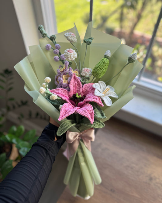 Sage Meadow Twilight Bouquet – Pink Stargazer Lily, Lavender Larkspur & Wild Bloom Grace