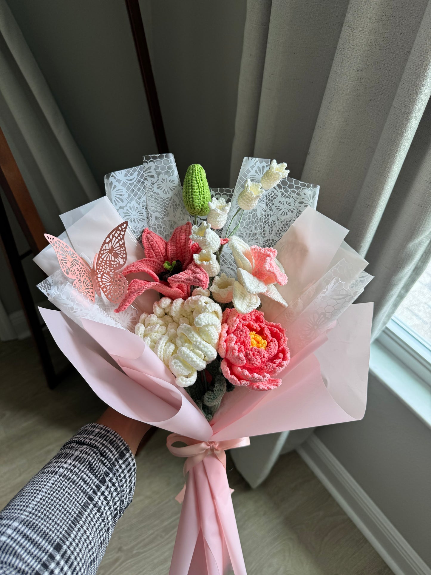 Peach Aurora Butterfly Crochet Bouquet – Coral Peony, Star Gazer Lily & White Meadow Blooms