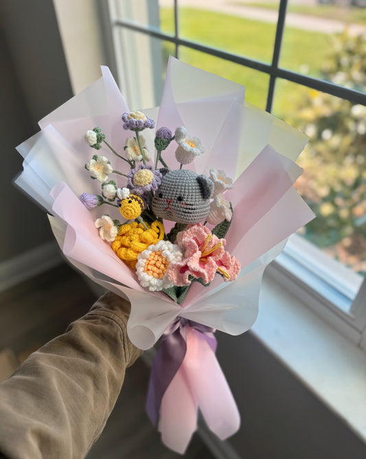 Handmade Crochet Spring Bouquet with Kitty & Honeybee
