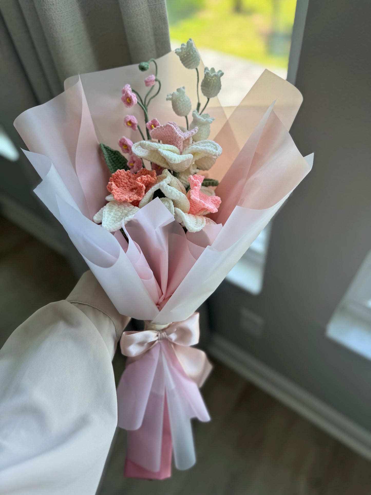"Springtime Whispers" • Crochet Daffodil & Pink Lily of the Valley Bouquet | White Canterbury Bell Yarn Art Arrangement