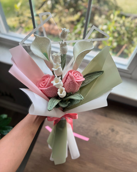 Ethereal Bloom Symphony – Blush Roses with White Calla Grace