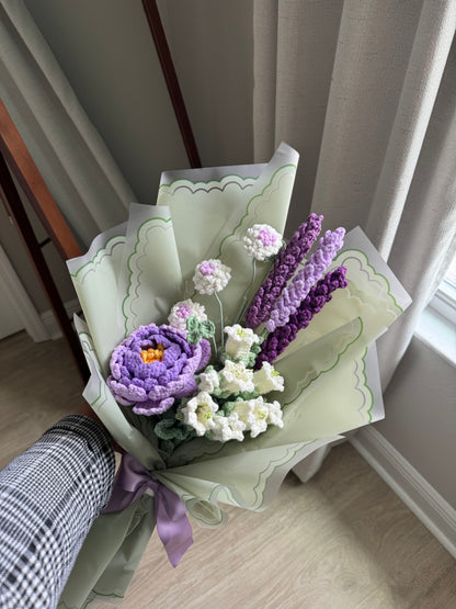 Violet Garden Crochet Bouquet – Purple Peony with Soft Lavender & White Wildflowers