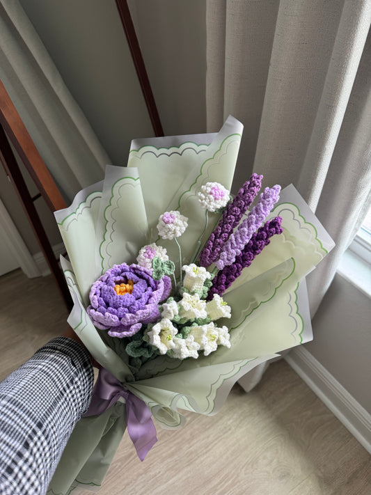 Violet Garden Crochet Bouquet – Purple Peony with Soft Lavender & White Wildflowers