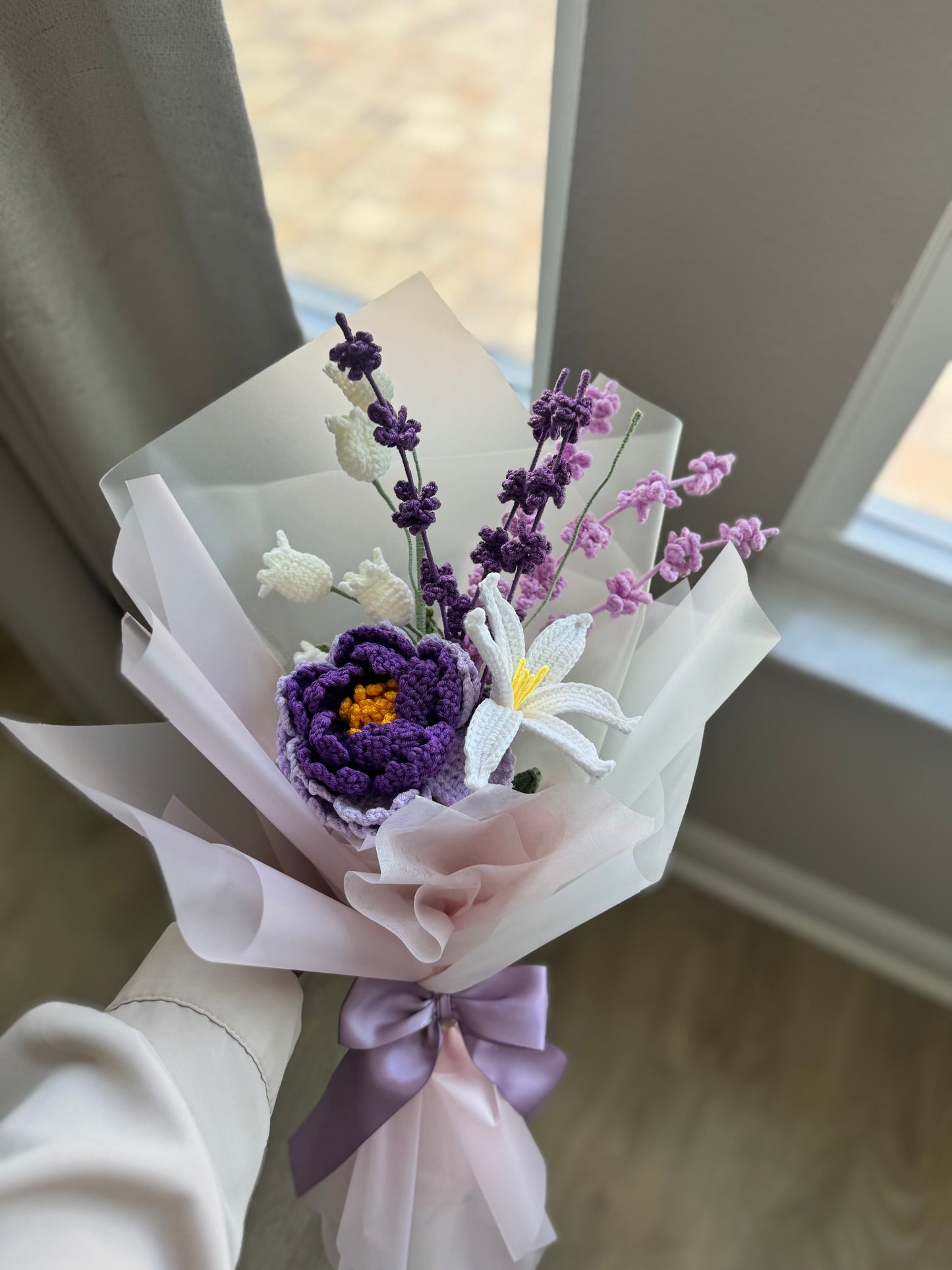 Midnight Bloom Crochet Bouquet – Deep Purple Peony, Lavender & White Floral Accents