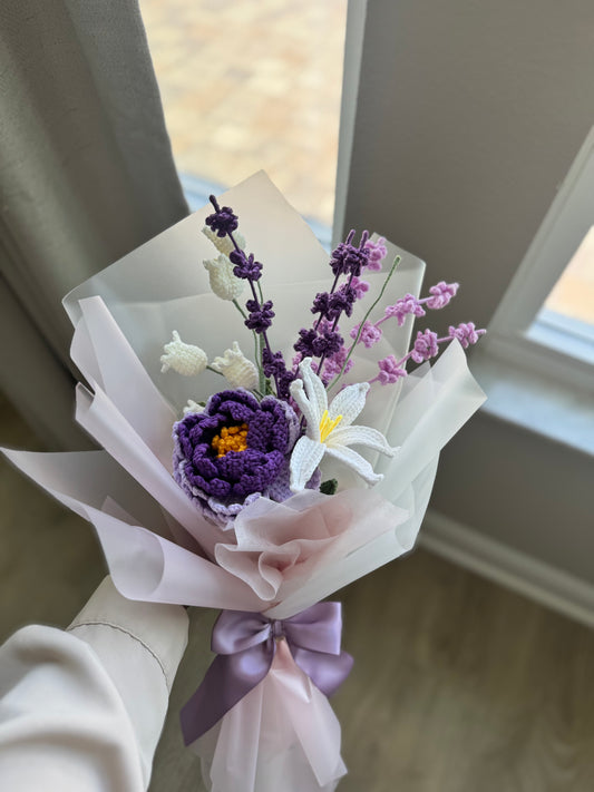 Midnight Bloom Crochet Bouquet – Deep Purple Peony, Lavender & White Floral Accents