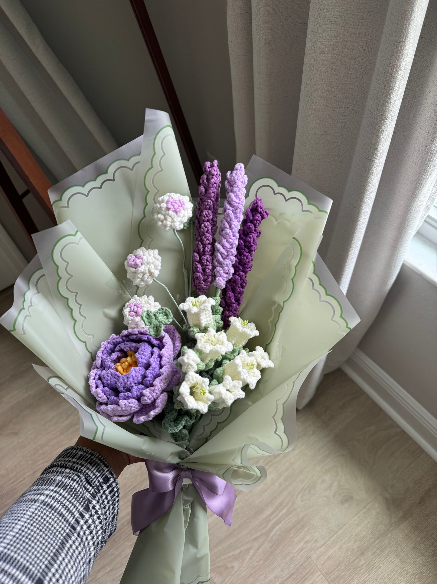 Violet Garden Crochet Bouquet – Purple Peony with Soft Lavender & White Wildflowers