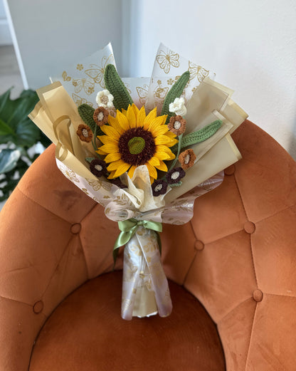 Golden Harvest Whisper – Fine Yarn Sunflower with Cocoa Lily of the Valley & Tulip Leaves