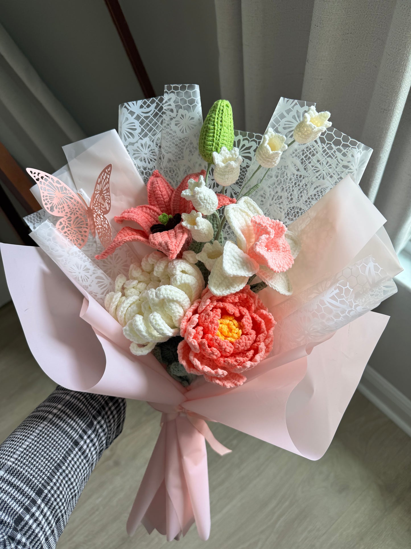 Peach Aurora Butterfly Crochet Bouquet – Coral Peony, Star Gazer Lily & White Meadow Blooms