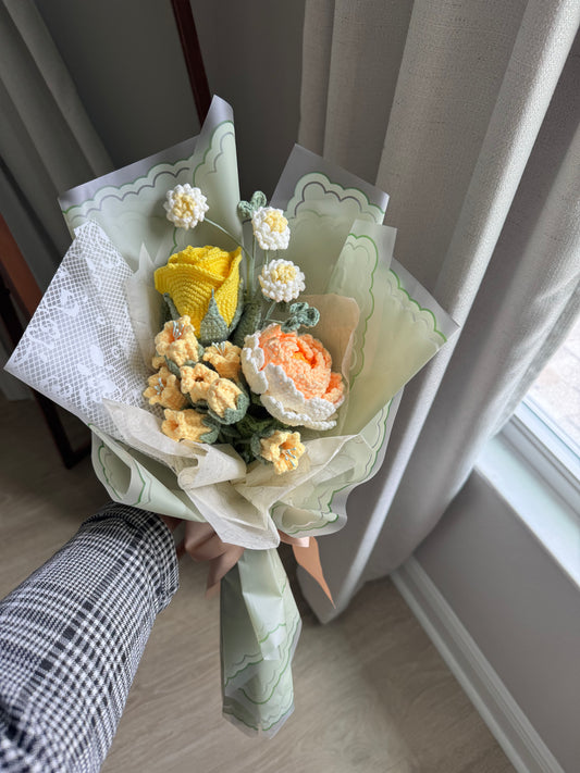Buttercream Meadow Bouquet – Crochet Yellow Rose, Peony & Soft White Florals