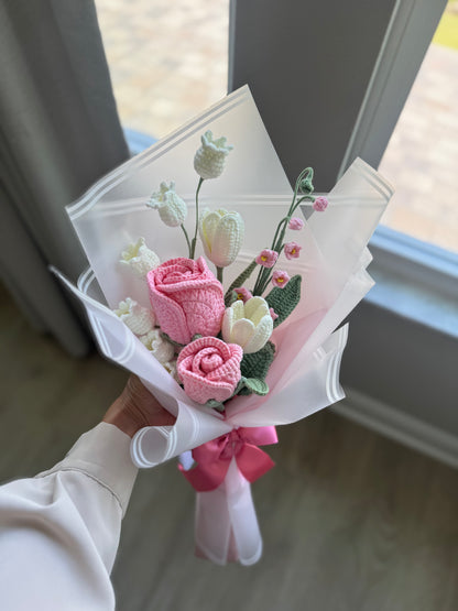 Blush Reverie Bloom Crochet Bouquet – Pink Roses, White Tulips, Canterbury Bells & Lily of the Valley Handmade Flowers