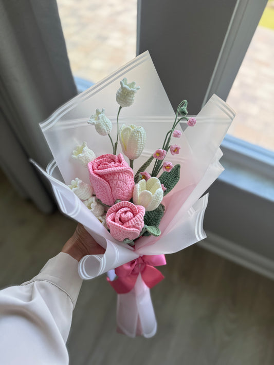 Blush Reverie Bloom Crochet Bouquet – Pink Roses, White Tulips, Canterbury Bells & Lily of the Valley Handmade Flowers
