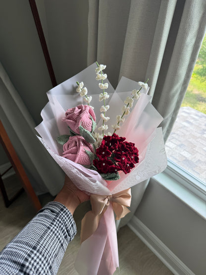 Crimson Dust Crochet Bouquet – Dusty Rose Roses, Deep Wine Hydrangea & Airy White Florals