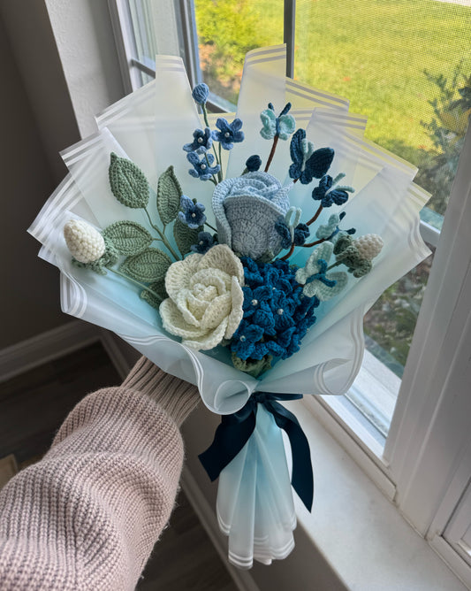 Midnight Butterfly Garden – Blue Hydrangea with White & Sapphire Roses