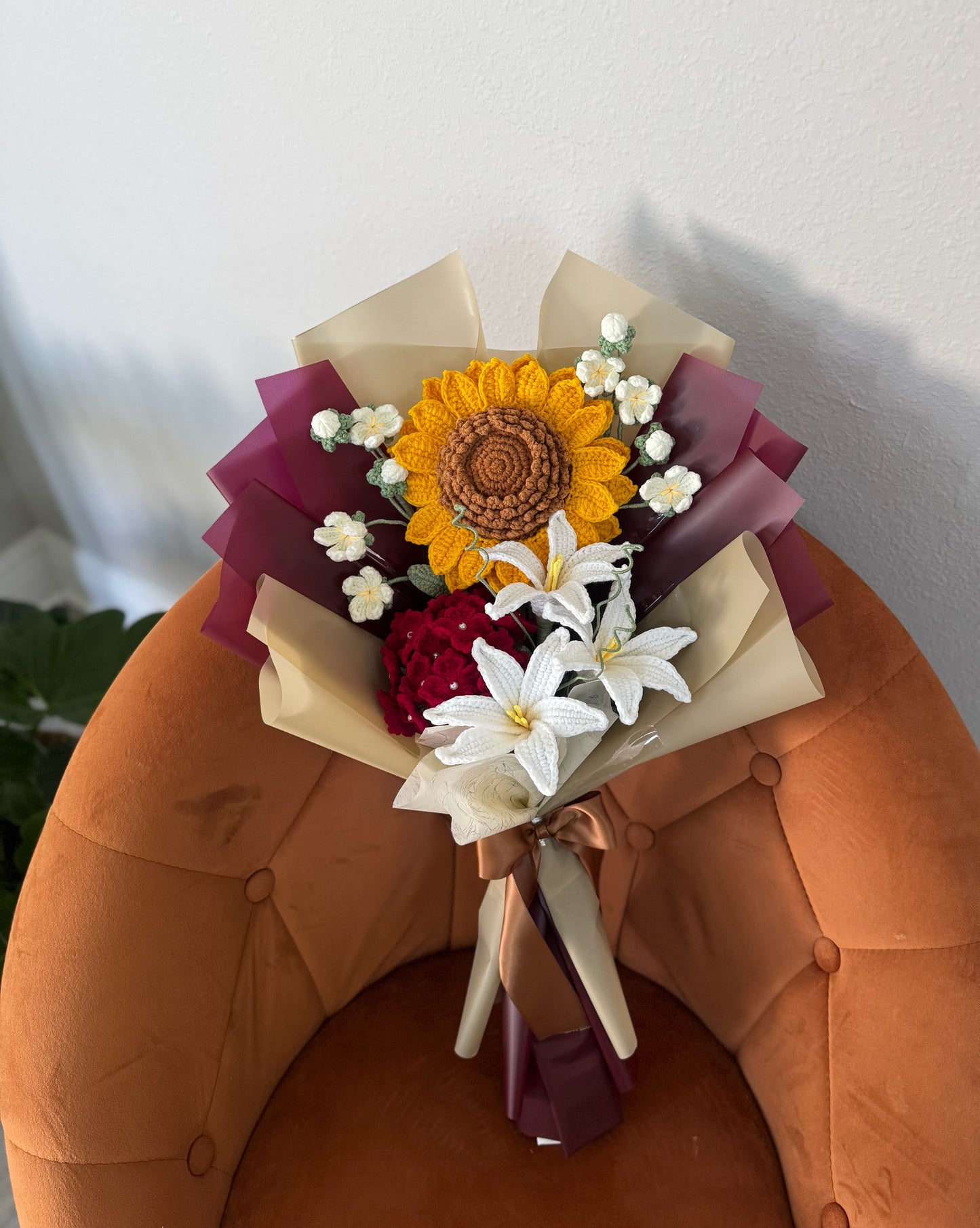Crimson & Sunshine Symphony – Crochet Sunflower, Hydrangea & Daylilies