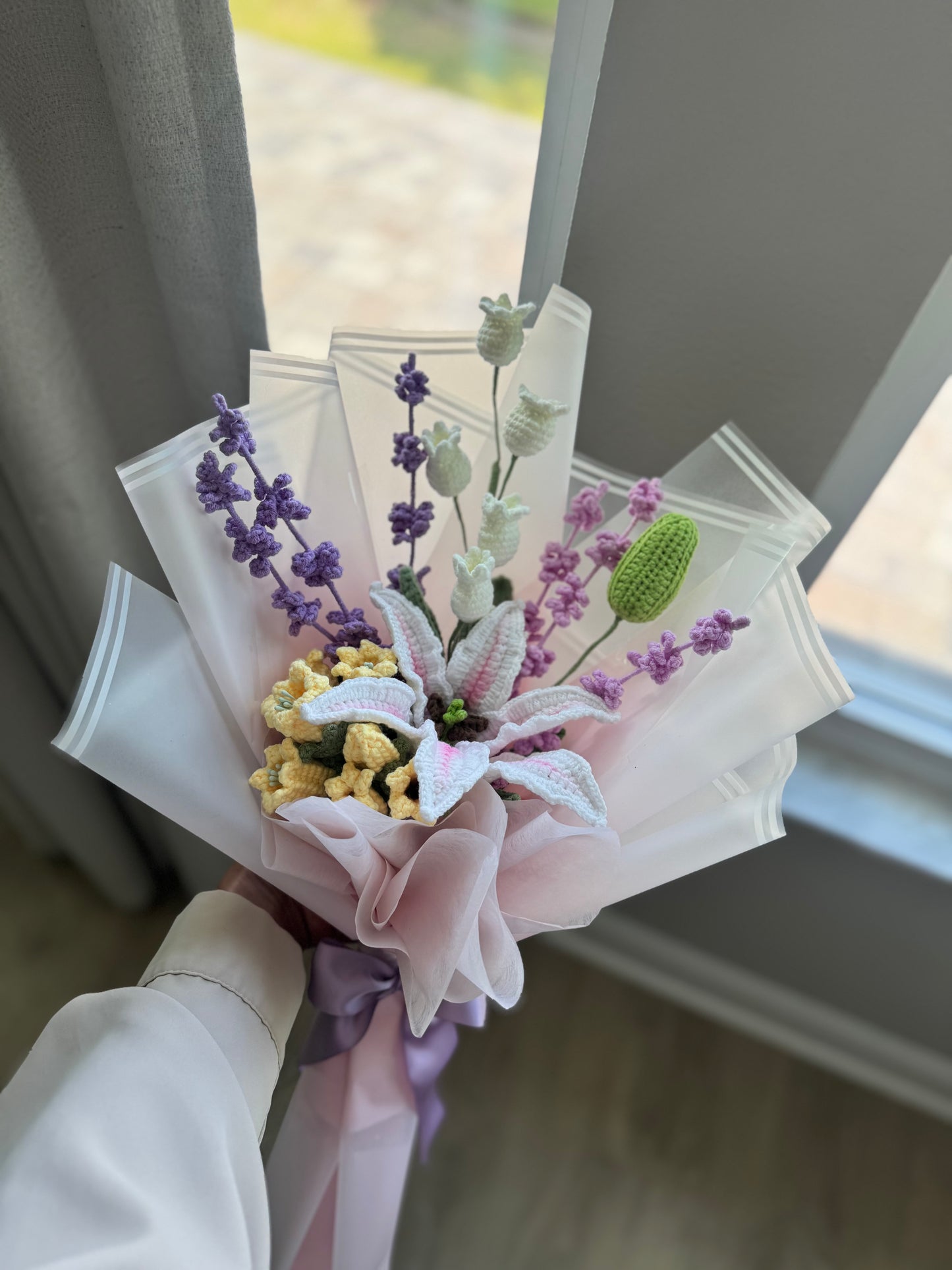 Dreamy Lavender Crochet Bouquet – Stargazer Lily with Harebell & Canterbury Bells