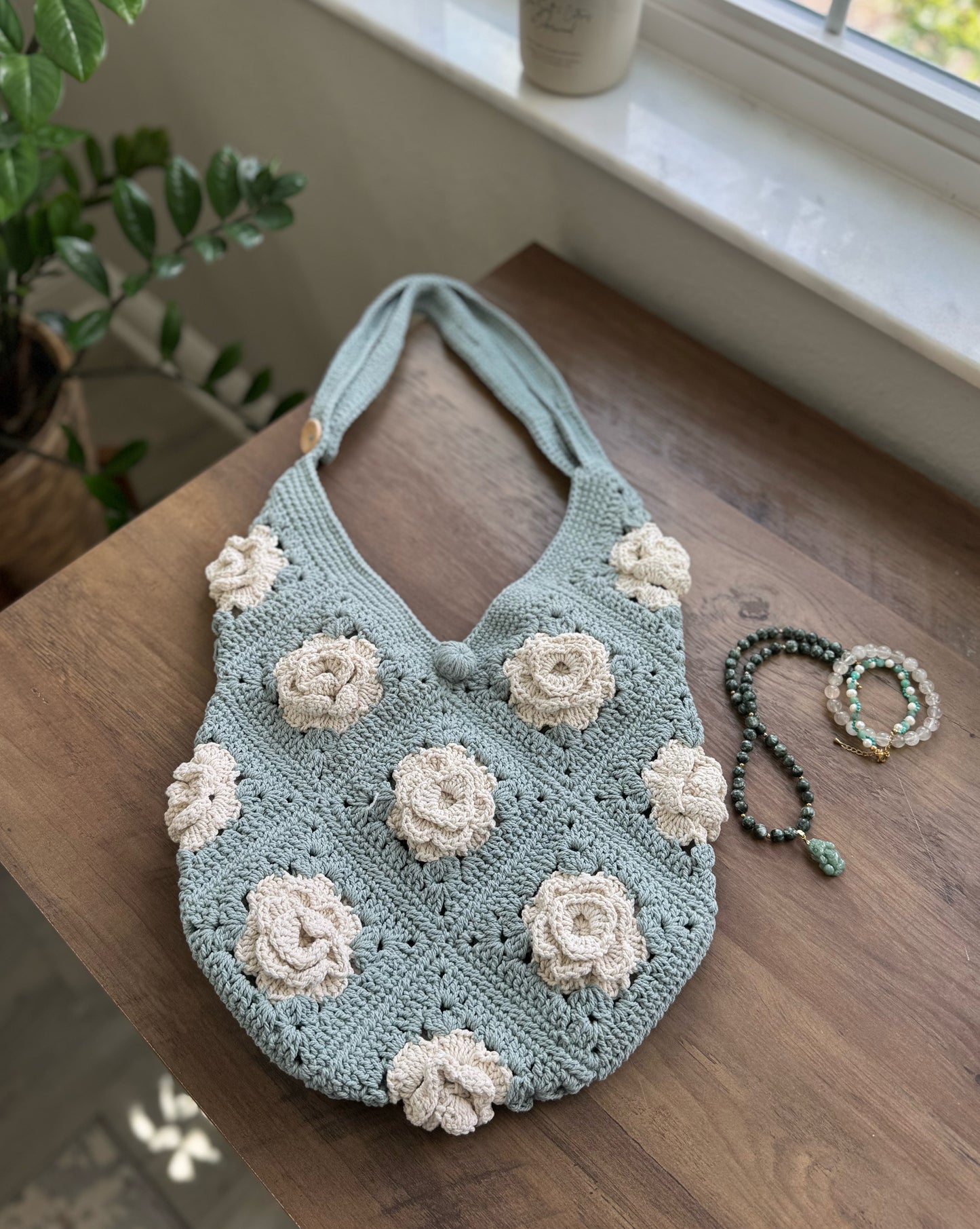 Sage Green Crochet Rose Bag – Handmade 100% Cotton Granny Square Floral Bag with White Rose Detail & Adjustable Strap 🌿🤍🌹
