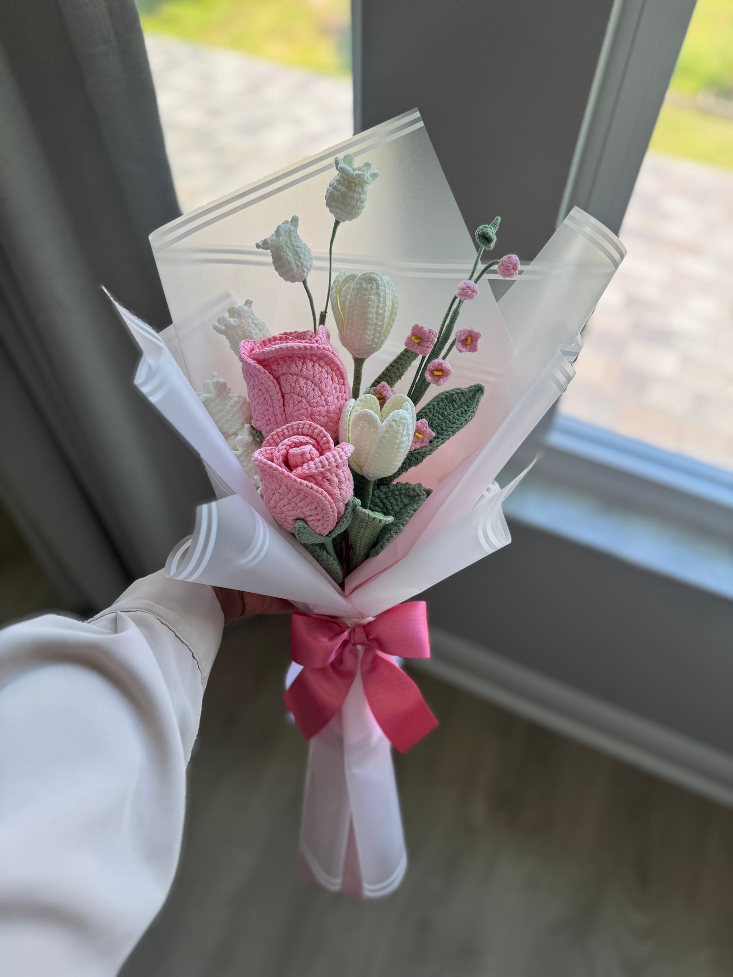 Blush Reverie Bloom Crochet Bouquet – Pink Roses, White Tulips, Canterbury Bells & Lily of the Valley Handmade Flowers