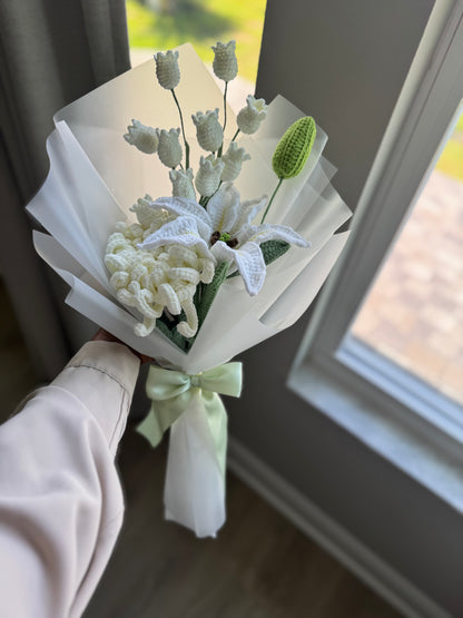 Luxury White Crochet Chrysanthemum, Stargazer Lily & Canterbury Bells Bouquet – Handmade Forever Flower Gift