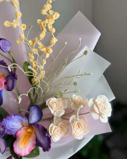 Hand-Painted Crochet Orchid Garden Bouquet – Crochet Flower Arrangement