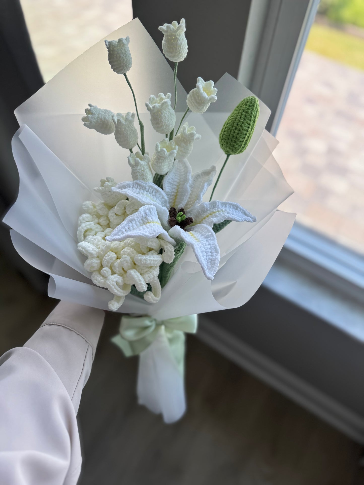 Luxury White Crochet Chrysanthemum, Stargazer Lily & Canterbury Bells Bouquet – Handmade Forever Flower Gift