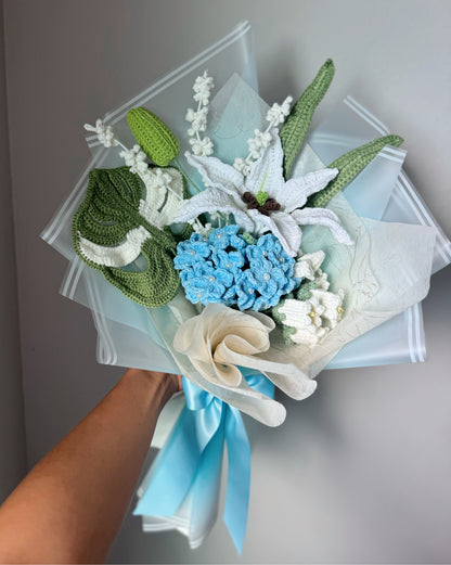 Blue Hydrangea & Lily Serenity – Crochet Flower Bouquet