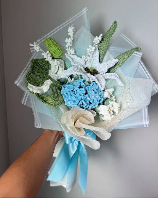 Blue Hydrangea & Lily Serenity – Crochet Flower Bouquet