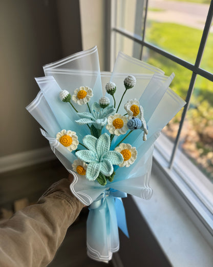 Soft Sky Symphony – Light Blue Daylilies, White Daisies & Crochet Dragonfly