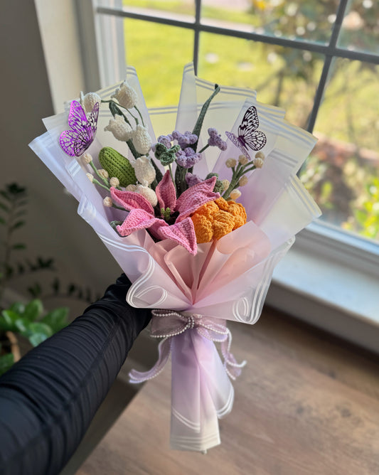 Starlit Butterfly Garden Bouquet – Stargazer Lily, Golden Peony & Purple Flutter