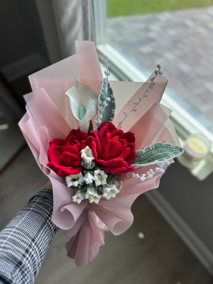 Crimson Roses & Ivory Whispers Crochet Bouquet 🌹🤍
