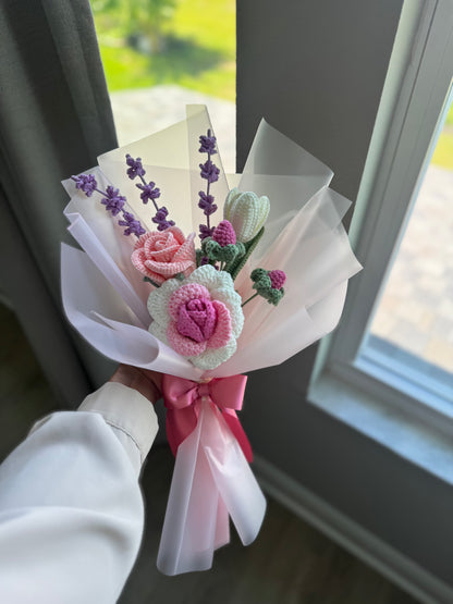 The Pastel Meadow Crochet Bouquet: Handmade Roses, Tulip, and Lavender