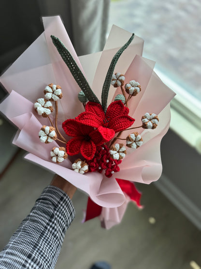 Crimson Cotton Meadow Crochet Bouquet ❤️🌿