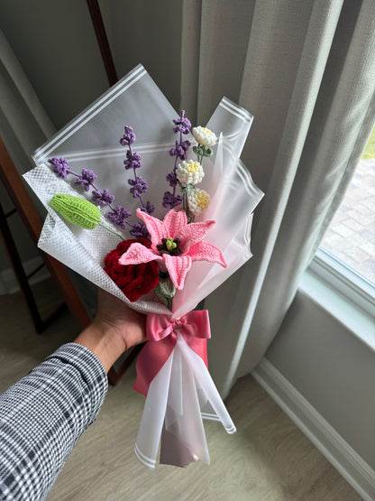 Passionate Bloom Crochet Bouquet – Pink Stargazer Lily, Red Rose & Violet Lavender Sprigs
