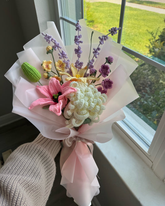 Lavender Kissed Blossoms – Pink Lily with Yellow Rain Lily & White Chrysanthemum