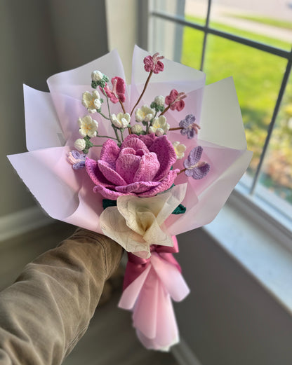 Enchanted Bloom Whisper – Large Pink Rose with White Androsace & Crochet Butterflies