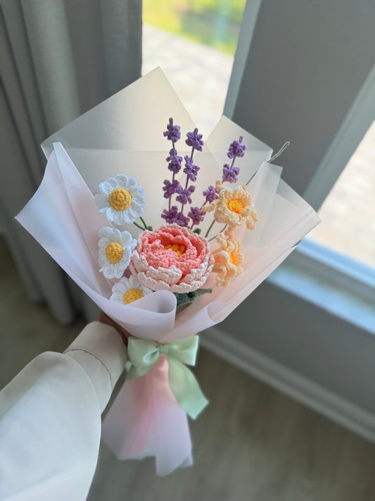 Pastel Garden Crochet Bouquet – Handmade White Daisies, Peony & Lavender Arrangement